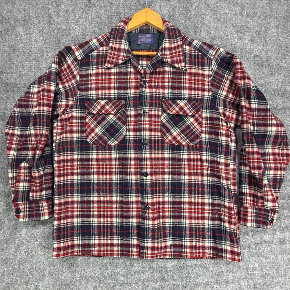 Vintage Pendleton Board Shirt Men's Large Red Navy Plaid Virgin Wool USA Made